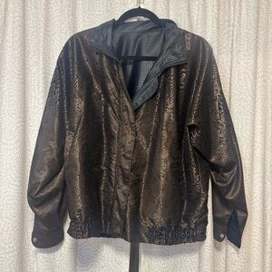 Vintage Elegant Brown and Black Snake Print Reversible Bomber Jacket